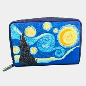 Starry Night Inspired Hand Painted Blue and Yellow Wallet